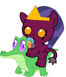 Size: 861x1017 | Tagged: safe, artist:red4567, gummy, the sphinx, cat, pony, sphinx, g4, baby, baby pony, cute, kitten, pacifier, red4567 is trying to murder us, riding, sphinx riding gummy, sphinxdorable