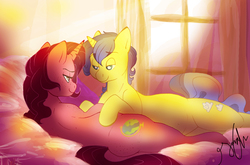 Size: 8640x5718 | Tagged: dead source, safe, artist:shellielle, oc, oc only, oc:caravel, oc:daydream, pony, unicorn, absurd resolution, bed, commission, female, lidded eyes, looking at each other, mare, oc x oc, ponysona, shipping, smiling