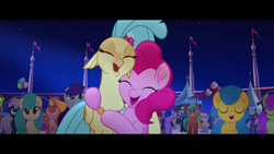 Size: 1920x1080 | Tagged: safe, screencap, bell perin, pinkie pie, plum blossom (g4), princess skystar, classical hippogriff, hippogriff, pony, g4, my little pony: the movie, celebration, cute, hug, unnamed character, unnamed pony, winghug