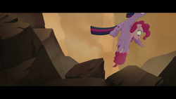 Size: 1280x720 | Tagged: safe, screencap, pinkie pie, twilight sparkle, alicorn, pony, g4, my little pony: the movie, flying, scared, surprised, twilight sparkle (alicorn)