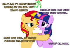 Size: 1048x696 | Tagged: safe, artist:navitaserussirus, sunset shimmer, twilight sparkle, genie, pony, unicorn, asktwixiegenies, g4, female, lesbian, mistletoe, ship:sunsetsparkle, shipping