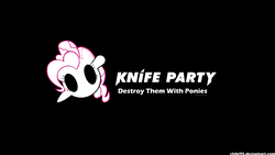 Size: 1920x1080 | Tagged: safe, artist:chibi95, pinkie pie, g4, black background, destroy them with lasers, destroy them with lazers, dubstep, electronic music, knife party, logo, simple background, song reference, wallpaper