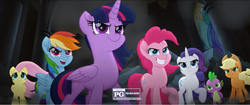 Size: 1344x565 | Tagged: safe, screencap, applejack, fluttershy, pinkie pie, rainbow dash, rarity, spike, twilight sparkle, alicorn, dragon, pony, g4, my little pony: the movie, mane seven, mane six, rated pg, twilight sparkle (alicorn)