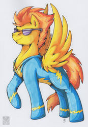 Size: 2181x3144 | Tagged: safe, artist:stormblaze-pegasus, spitfire, pegasus, pony, g4, clothes, female, high res, mare, raised hoof, solo, sunglasses, traditional art, uniform, wonderbolts uniform