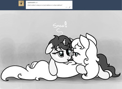 Size: 1413x1031 | Tagged: safe, artist:nimaru, oc, oc only, oc:crystal quarry, oc:heartsong, pony, unicorn, ask, female, lesbian, looking at each other, mare, monochrome, oc x oc, shipping, tumblr