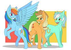 Size: 1663x1163 | Tagged: safe, artist:ggchristian, applejack, lyra heartstrings, rainbow dash, earth pony, pegasus, pony, unicorn, g4, abstract background, backwards cutie mark, rearing, smiling, trio