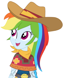 Size: 1024x1258 | Tagged: safe, artist:bezziie, rainbow dash, equestria girls, g4, belt, belt buckle, clothes, cowboy hat, cowgirl, female, hat, poncho, simple background, solo, stetson, transparent background