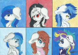 Size: 2320x1647 | Tagged: safe, artist:kindny-chan, rarity, oc, oc:antilia, oc:bri, oc:dedelner, oc:onex, oc:princess spektra, alicorn, pegasus, pony, unicorn, g4, it isn't the mane thing about you, alternate hairstyle, bust, clothes, female, male, mare, portrait, punk, raripunk, scarf, stallion, tongue out, traditional art