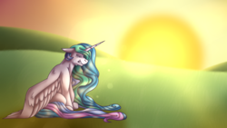 Size: 1920x1080 | Tagged: safe, artist:sketchthebluepegasus, princess celestia, alicorn, pony, g4, crying, female, sad, sitting, solo, sunrise