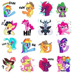 Size: 650x651 | Tagged: safe, applejack, captain celaeno, fluttershy, pinkie pie, princess skystar, rainbow dash, rarity, songbird serenade, spike, storm king, tempest shadow, twilight sparkle, alicorn, dragon, earth pony, pegasus, pony, seapony (g4), unicorn, anthro, g4, my little pony: the movie, official, anthro with ponies, broken horn, confetti, cowboy hat, duh, eww, facebook, female, group hug, hat, headworn microphone, hi, hmph, horn, hug, male, mane seven, mane six, mare, reaction image, simple background, singing, sticker, twilight sparkle (alicorn), ugh, white background