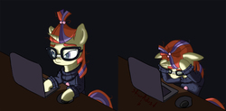 Size: 1500x737 | Tagged: safe, artist:starkdust, moondancer, pony, unicorn, g4, computer, computer reaction faces, eyes closed, female, head in hooves, laptop computer, moondancer is not amused, reaction image, sad, solo, unamused