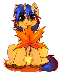 Size: 2545x3201 | Tagged: safe, artist:dolorosacake, oc, oc only, oc:electric spark, pony, unicorn, autumn, ear piercing, earring, fluffy, goggles, high res, jewelry, leaf, male, piercing, simple background, unshorn fetlocks, white background