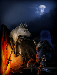 Size: 2724x3573 | Tagged: safe, artist:duh-veed, princess luna, pony, g4, armor, artorias, bonfire, crossover, dark souls, female, fire, great grey wolf sif, high res, moon, solo, sword, weapon