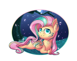 Size: 3000x2400 | Tagged: safe, artist:toonebs, fluttershy, firefly (insect), g4, alternate design, cute, female, high res, moon, night, night sky, prone, rainbow power, shyabetes, simple background, sky, solo, transparent background