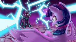 Size: 2400x1350 | Tagged: safe, artist:nightpaint12, tempest shadow, twilight sparkle, alicorn, pony, unicorn, g4, my little pony: the movie, armor, broken horn, female, fight, glowing horn, gritted teeth, hoof shoes, horn, lightning, magic, mare, sparking horn, twilight sparkle (alicorn)
