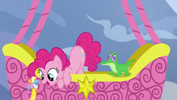 Size: 1280x720 | Tagged: safe, screencap, gummy, pinkie pie, pony, g4, not asking for trouble, ambassador badge, hot air balloon, twinkling balloon