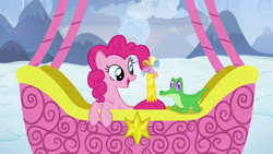 Size: 1280x720 | Tagged: safe, screencap, gummy, pinkie pie, pony, g4, not asking for trouble, ambassador badge, hot air balloon, twinkling balloon