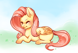 Size: 873x592 | Tagged: safe, artist:stardrawsponies, fluttershy, g4, blushing, female, prone, simple background, smiling, wings