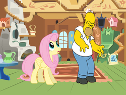 Size: 900x675 | Tagged: safe, artist:sb1991, fluttershy, pony, g4, bump, crossover, d'oh, fluttershy's cottage, fluttershy's cottage (interior), homer simpson, male, story included, the simpsons