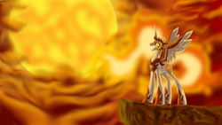 Size: 1920x1080 | Tagged: safe, artist:nightpaint12, daybreaker, alicorn, pony, g4, bad end, female, fire, laughing, maniacal laugh, open mouth, solo, sun, wallpaper