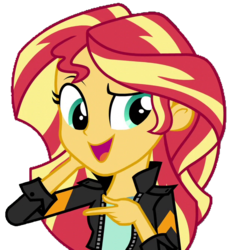 Size: 613x671 | Tagged: safe, artist:fella, sunset shimmer, equestria girls, g4, my little pony equestria girls: friendship games, clothes, female, jacket, leather jacket, open mouth, pointing, scratching, simple background, solo, talking, transparent background