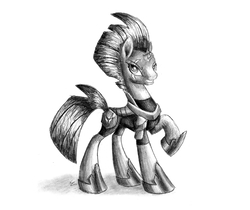 Size: 2250x1890 | Tagged: safe, artist:nightpaint12, tempest shadow, pony, unicorn, g4, my little pony: the movie, armor, broken horn, eye scar, female, grayscale, horn, mare, monochrome, raised hoof, scar, simple background, solo, white background