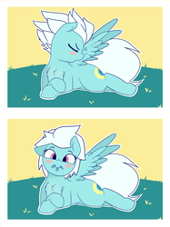Size: 2175x2910 | Tagged: dead source, safe, artist:grim ponka, fleetfoot, pegasus, pony, g4, adorable face, behaving like a bird, blush sticker, blushing, c:, chest fluff, comic, cute, diafleetes, eyes closed, feather, featured image, female, floppy ears, high res, hnnng, looking at you, mare, mouth hold, preening, prone, smiling, solo, spread wings, sweet dreams fuel, weapons-grade cute, wings