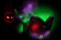 Size: 5420x3600 | Tagged: safe, artist:theravencriss, twilight sparkle, demon, pony, g4, absurd resolution, book, dark magic, female, hebrew, magic, mare, red eyes, requested art, serious, serious face, signature
