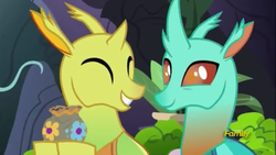 Size: 1280x720 | Tagged: safe, screencap, clypeus, cornicle, changedling, changeling, g4, to change a changeling, cute, cuteling, discovery family logo, eyes closed, horn, male, pot, smiling