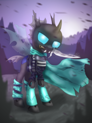 Size: 1024x1365 | Tagged: safe, artist:helmie-art, oc, oc only, oc:x59, changeling, armor, assassin, changeling oc, knife, scout, solo, weapon