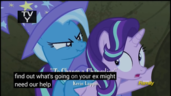 Size: 1920x1080 | Tagged: safe, screencap, starlight glimmer, trixie, pony, unicorn, g4, to change a changeling, bag, discovery family logo, duo, looking back, meme, scrunchy face, tv-y, youtube caption