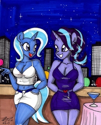 Size: 1364x1685 | Tagged: safe, artist:newyorkx3, starlight glimmer, trixie, unicorn, anthro, g4, belly button, breasts, busty starlight glimmer, busty trixie, city, cleavage, clothes, dress, drink, female, looking at each other, mare, midriff, night, smiling, traditional art