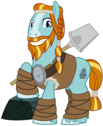Size: 2600x3200 | Tagged: safe, artist:cheezedoodle96, rockhoof, earth pony, pony, campfire tales, .svg available, armor, beard, braid, braided ponytail, facial hair, leather armor, leg wraps, looking at you, male, moustache, rock, rockhoof's shovel, shovel, simple background, smiling, solo, stallion, svg, transparent background, valknut, vector