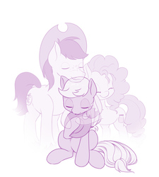 Size: 900x1000 | Tagged: safe, artist:dstears, applejack, bright mac, pear butter, earth pony, ghost, pony, undead, g4, the perfect pear, bright mac's ghost, cowboy hat, eyes closed, female, hat, hug, male, monochrome, pear butter's ghost, purple, ship:brightbutter, shipping, simple background, straight, trio, white background