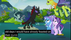 Size: 2524x1422 | Tagged: safe, screencap, pharynx, starlight glimmer, thorax, trixie, changedling, changeling, pony, unicorn, g4, to change a changeling, brothers, female, king thorax, male, mare, meme, scared, youtube caption