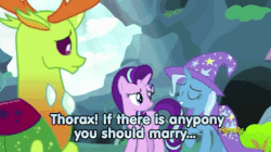 Size: 480x268 | Tagged: safe, edit, edited screencap, screencap, starlight glimmer, thorax, trixie, changedling, changeling, g4, to change a changeling, animated, discovery family logo, female, gif, king thorax, male, shipping, straight, text, thoraxie