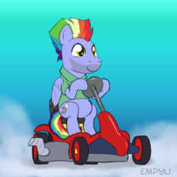 Size: 1000x1000 | Tagged: safe, artist:empyu, bow hothoof, pegasus, pony, g4, 30 minute art challenge, cloud, driving, lawn mower, male, solo, stallion