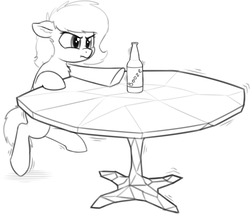 Size: 1736x1485 | Tagged: safe, artist:smoldix, oc, oc only, oc:filly anon, pony, alcohol, beer, beer bottle, booze, chest fluff, crystal, crystal furniture, ear fluff, female, filly, floppy ears, grayscale, hoofy-kicks, monochrome, reaching, scrunchy face, simple background, solo, table, white background, wobbling