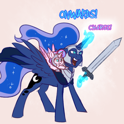 Size: 750x750 | Tagged: safe, artist:cosmalumi, princess flurry heart, princess luna, alicorn, pony, g4, armor, auntie luna, cape, clothes, duo, ethereal mane, female, filly, flurryheart-babbles, glowing horn, great aunt and niece, helmet, horn, magic, mare, open mouth, pointing, simple background, smiling, spread wings, starry hair, starry mane, starry tail, sword, telekinesis, weapon, wings