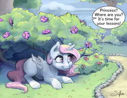Size: 3300x2550 | Tagged: safe, artist:silfoe, princess celestia, alicorn, pony, royal sketchbook, g4, cewestia, commission, cute, cutelestia, female, filly, grass, grin, hiding, high res, offscreen character, pink mane, pink-mane celestia, prone, smiling, solo, younger