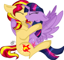 Size: 1300x1223 | Tagged: safe, artist:gallantserver, sunset shimmer, twilight sparkle, alicorn, pony, unicorn, g4, eyes closed, female, hug, kissing, lesbian, mare, ship:sunsetsparkle, shipping, simple background, transparent background, twilight sparkle (alicorn)