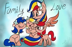 Size: 1024x675 | Tagged: safe, artist:emositecc, oc, oc only, oc:luz, oc:minda, oc:pearl shine, oc:vi, pony, baby, baby pony, cute, eyes closed, female, filly, holding a pony, laughing, nation ponies, ocbetes, ponified, spread wings, wings