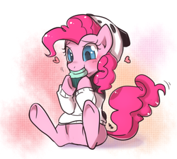 Size: 800x720 | Tagged: safe, artist:haden-2375, pinkie pie, earth pony, pony, g4, clothes, cupcake, cute, diapinkes, eating, female, food, heart, hoodie, mare, nom, solo, sweater