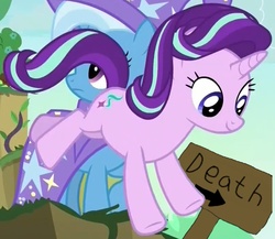 Size: 808x700 | Tagged: safe, edit, edited screencap, screencap, starlight glimmer, trixie, pony, unicorn, g4, to change a changeling, cape, clothes, hat, sign, smiling, this will end in death, trixie's cape, trixie's hat