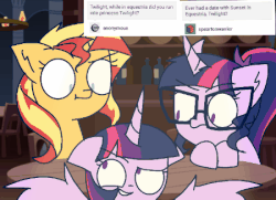 Size: 450x326 | Tagged: safe, artist:psychodiamondstar, sci-twi, sunset shimmer, twilight sparkle, alicorn, pony, unicorn, equestria girls, g4, animated, female, gif, glasses, hilarious in hindsight, lesbian, mare, ship:sci-twishimmer, ship:sunset twiangle, ship:sunsetsparkle, shipper on deck, shipping, smiling, twilight sparkle (alicorn), twilight the shipper, twolight