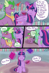 Size: 1024x1536 | Tagged: safe, artist:jeyjeymohr, spike, twilight sparkle, alicorn, dragon, pony, comic:crownless, g4, blushing, colored horn, comic, curved horn, dialogue, horn, implied gay, implied shipping, implied thorax, library, magic, severed horn, sombra's horn, telekinesis, twilight sparkle (alicorn)