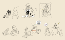 Size: 2877x1812 | Tagged: safe, artist:cosmicminerals, oc, oc only, oc:chalk, oc:floor bored, diamond dog, earth pony, pony, anthro, anthro with ponies, baking, bath, bathing, blushing, brushie, carrot, chair, clothes, eyes closed, female, female diamond dog, food, forced bathing, glasses, mare, mirror, monochrome, open mouth, pomf, reflection, resume, sweat, sweatdrop, table, tail wag, text, text bubbles