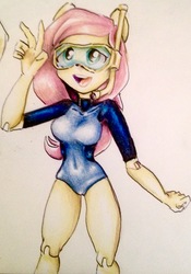 Size: 1831x2621 | Tagged: safe, artist:nolyanimeid, fluttershy, equestria girls, g4, breasts, busty fluttershy, clothes, dive mask, doll, equestria girls minis, female, open mouth, simple background, smiling, snorkel, solo, swimsuit, toy, traditional art, wetsuit