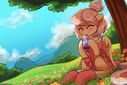 Size: 1125x750 | Tagged: safe, artist:lumineko, oc, oc only, oc:sweet skies, pegasus, pony, clothes, cottagecore, cute, dress, drink, drinking, eyes closed, female, frappuccino, grass, hnnng, mare, ocbetes, scenery, sky, smiling, solo, stockings, thigh highs, tree