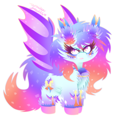 Size: 1580x1674 | Tagged: safe, artist:vanillaswirl6, oc, oc only, oc:angel aura, bat pony, pony, cheek fluff, chest fluff, chibi, colored pupils, contest prize, ear fluff, fangs, female, fluffy, hoof fluff, mare, rainbow power, rainbow power-ified, simple background, solo, sparkles, transparent background
